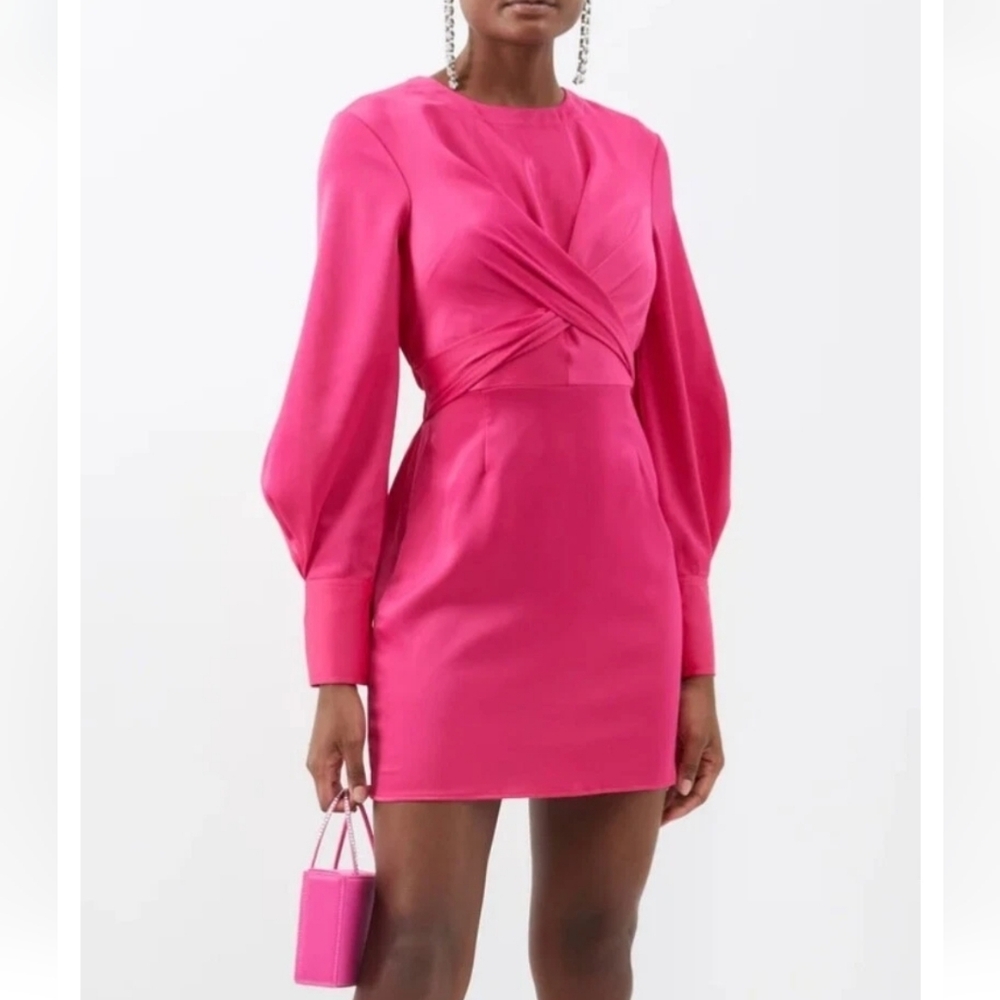 NWT STAUD Mini Crosshill Satin Pink Long Sleeve Cut Out Dress Women's L   $350